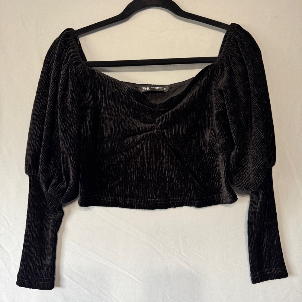Zara Womens Velvet Babydoll Crop Top XS Black Whimsigoth Fairy Grunge Witchy